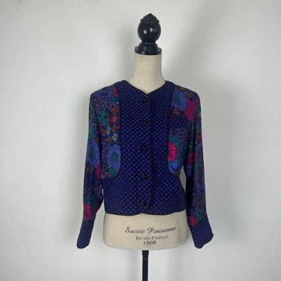 Vintage 80s Diversity Purple Quilted Floral Paisley Patchwork Cropped Jacket 10P - Picture 1 of 12